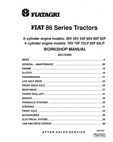 FIAT 50-86V, 55-86F, 55-86V, 60-86F, 60-86V AND 62-86F TRACTOR WORKSHOP MANUAL 06910107 - PDF FILE
