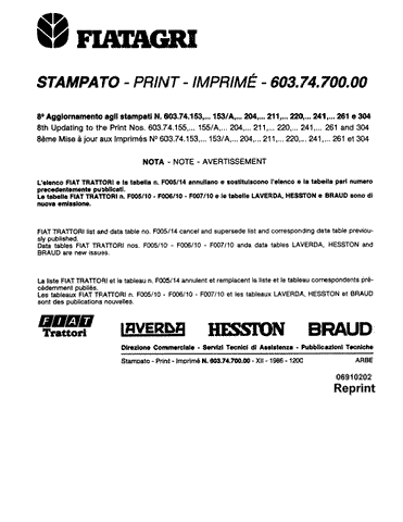 6037470000 Fiat Injection Pump Data - New Holland Operator's Manual 06910202 Download PDF - Manual labs