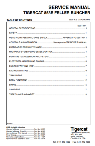 Tigercat 853T Feller Buncher Service Repair Manual (853T393-853T499) - PDF File Download
