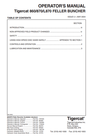 Tigercat 860 Feller Buncher Operator/User Manual (8600501-86011499) - PDF File Download