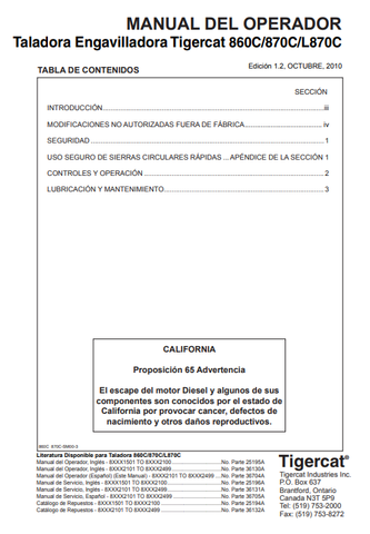 Tigercat 860C Feller Buncher Operator/User Manual (86011501-86013500, 86012101-86012499) - PDF File Download