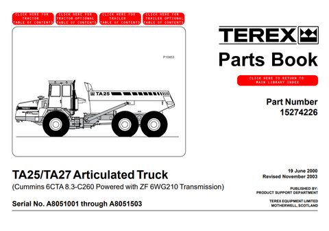 2003 Terex TA25 TA27 Articulated Dump Truck Parts Manual