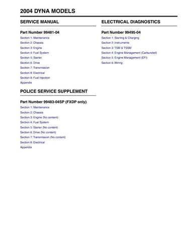 Unlock the full potential of your 2004 Harley-Davidson Dyna with the comprehensive Electrical and Police Service Supplement Service Manual (PDF file). This essential guide, featuring part numbers 99481-14, 99495-04, and 99483-04SP, provides detailed insights into electrical systems and police service specifications, ensuring you have the knowledge to maintain and repair your motorcycle with confidence. Whether you're a seasoned mechanic or a dedicated owner, this manual is your go-to resource for troublesho