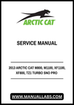 Discover the ultimate resource for maintaining your 2013 Arctic Cat M800, M1100, XF1100, XF800, and TZ1 Turbo Sno Pro snowmobiles with our comprehensive service manual. This essential guide is designed to provide you with detailed instructions, diagrams, and troubleshooting tips to keep your snowmobile running at peak performance.