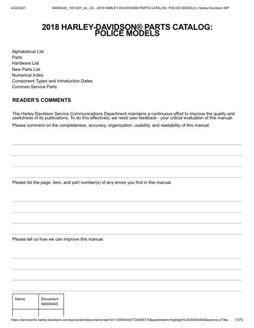 Unlock the full potential of your 2018 Harley-Davidson with the Police Parts Catalog Manual (94000445) in PDF format. This comprehensive guide is an essential resource for enthusiasts and professionals alike, providing detailed information on parts, specifications, and maintenance for police models. With easy navigation and clear illustrations, you can quickly find the components you need to keep your bike running smoothly and efficiently. Elevate your riding experience and ensure your Harley is always in