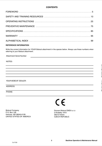 BOBCAT BACKHOE (7398835) OPERATION AND MAINTENANCE MANUAL PDF FILE