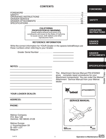BOBCAT GRADER (6722410) OPERATION & MAINTENANCE MANUAL PDF FILE