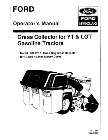 Bag Grass Catcher for YT and LGT Gas Tractors - New Holland Operator's Manual 41641400 Download PDF - Manual labs
