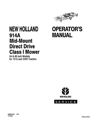 914A Mower 54` & 60` For 1215,1220 Tractors - New Holland Operator's Manual 42091418 Download PDF - Manual labs