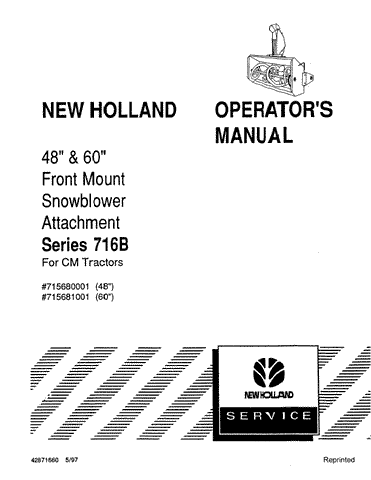 716B 48 60 Inch Snowblower Attach OM. for CM Tractors - New Holland Operator's Manual 42871660 Download PDF - Manual labs