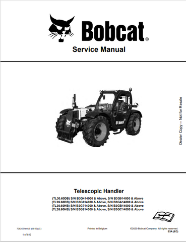 BOBCAT TL30.60DB, TL26.60DB, TL30.60HB, TL26.60HB TELESCOPIC HANDLER SERVICE MANUAL (7282521) - PDF FILE