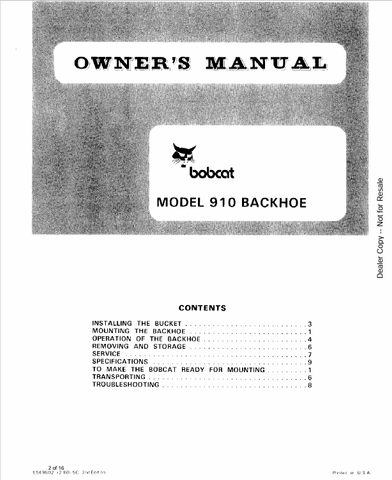 BOBCAT 910 BACKHOE (6549802) OPERATION AND MAINTENANCE MANUAL PDF FILE