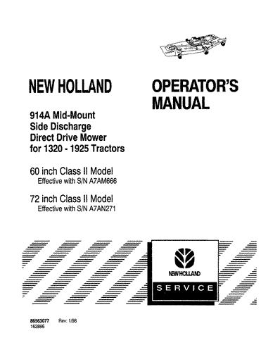 914A 60`, 72` Mid-mount Side Discharge for 1320-1925 Tractors - New Holland Operator's Manual 86563077 Download PDF - Manual labs
