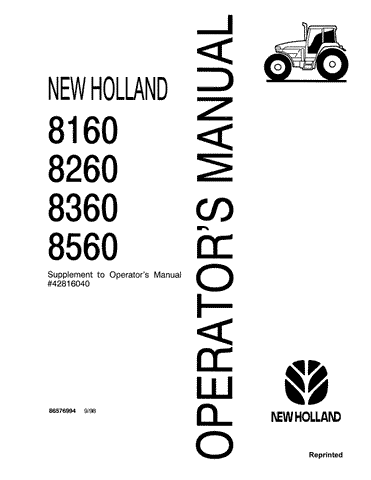8160, 8260, 8360, 8560 Tractor OM Supp - New Holland Operator's Manual 86576994 Download PDF - Manual labs