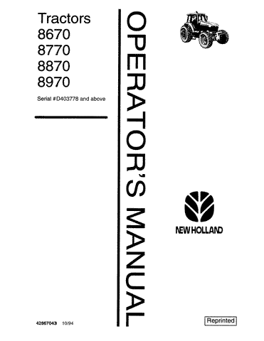 8670, 8770, 8870, 8970 - New Holland Operator's Manaul 42867043 Download PDF - Manual labs