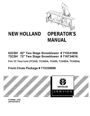 62CSH 62` & 72CSH 72` Snowblower for TC TCDA D DX Tractor - New Holland Operator's Manual 87300098 Download PDF - Manual labs