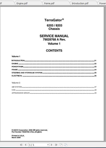Enhance your maintenance capabilities with the AG CHEM EU APPLICATOR 6203, 8203 Chassis Shop Service Manual (Part No. 79028768A) in PDF format. This comprehensive