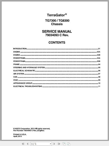 Enhance your maintenance capabilities with the AG CHEM EU APPLICATOR TG7300 and TG8300 Terragator Chassis Shop Service Manual in PDF format. This comprehensive guide provides detailed insights into servicing and troubleshooting, ensuring