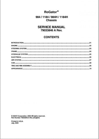 Enhance your maintenance capabilities with the AG CHEM SA 984, 1184, 984H, 1184H Rogator Chassis Shop Service Manual (79033846A) in PDF format. This comprehensive guide provides detailed schematics, troubleshooting tips, and step-by-step repair instructions