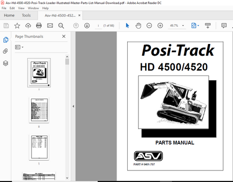 Discover the ultimate resource for your ASV HD 4500 and 4520 Posi Track Loader with our comprehensive Illustrated Master Parts Catalogue Manual. This PDF file is meticulously designed to provide you with detailed diagrams and part numbers, ensuring you can easily identify and order the components you need for maintenance and repairs.