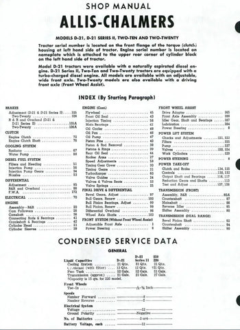 This Allis Chalmers service repair manual is designed to provide expert insight into the maintenance and repair of Allis Chalmers D21, D-21 SERIES II, 210 & 220 tractors. Download this PDF file to access detailed diagrams and step-by-step instructions that will ensure reliability and a long-lasting service life.