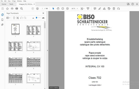 Discover the BISO INTEGRAL CX 100 CLAAS 702 Rape Seed Extension Parts Catalogue Manual, a comprehensive PDF resource designed for professionals in the agricultural sector. This manual provides detailed information on extension parts specifically tailored for the CLAAS 702 model, ensuring you have the right components for optimal performance.