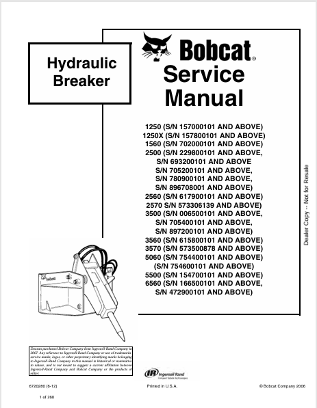 Discover the comprehensive service manual for BOBCAT hydraulic breakers 1250, 1250X, 1560, 2500, and more. Download the PDF for expert guidance today.