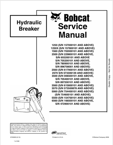 Discover the comprehensive service manual for BOBCAT hydraulic breakers 1250, 1250X, 1560, 2500, and more. Download the PDF for expert guidance today.