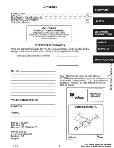 BOBCAT 1250, 1250X HYDRAULIC BREAKER (6570732) OPERATION AND MAINTENANCE MANUAL PDF FILE