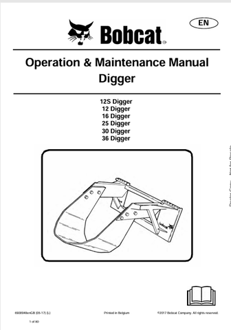 Discover the comprehensive operation and maintenance manual for BOBCAT diggers, including models 12, 16, 25, 30, and 36. Download the PDF now!