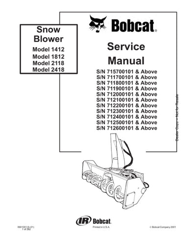 Ensure your BOBCAT snow blower operates at peak performance with the comprehensive BOBCAT 1412, 1812, 2118, 2418 Snow Blower Service Manual (6901001). This PDF file is an essential resource for maintenance and repair, providing detailed instructions, diagrams, and troubleshooting tips tailored specifically for your model. With this manual, you can confidently tackle any service task, prolonging the life of your equipment and ensuring reliable operation during the winter months. Don't miss out on the opportu