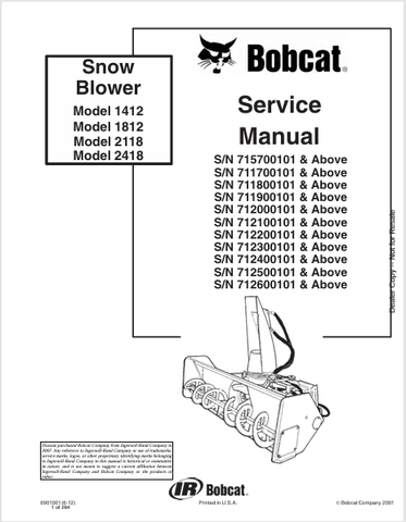  Access the comprehensive service manual for BOBCAT 1412, 1812, 2118, and 2418 snow blowers. Download the PDF file for expert maintenance and repair guidance.
