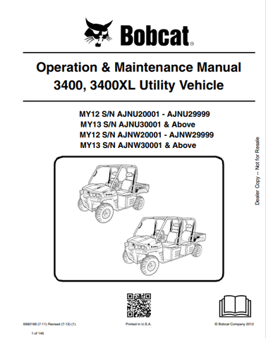 Discover the comprehensive operation and maintenance manual for the BOBCAT 3400 and 3400XL utility vehicles. Download the PDF for essential guidance.