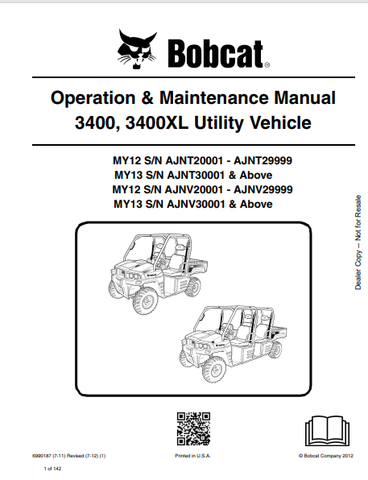 Discover the comprehensive operation and maintenance manual for the BOBCAT 3400 and 3400XL utility vehicles. Download the PDF for essential guidance.