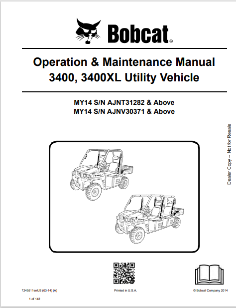  Discover the comprehensive operation and maintenance manual for the BOBCAT 3400 and 3400XL utility vehicles. Download the PDF for essential guidelines.
