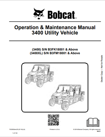 Discover the comprehensive BOBCAT 3400 Utility Vehicle Operation & Maintenance Manual (7333502) in PDF format. Essential for safe and efficient vehicle use.