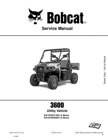 Enhance your maintenance capabilities with the BOBCAT 3600 Utility Vehicle Service Manual (AVW211001, AVW220001 & UP). This comprehensive PDF file provides detailed instructions, diagrams, and troubleshooting tips specifically designed for your BOBCAT 3600 model. Whether you're a seasoned technician or a DIY enthusiast, this manual ensures you have the knowledge to keep your vehicle running smoothly and efficiently. Invest in this essential resource today and ensure your utility vehicle remains in peak cond