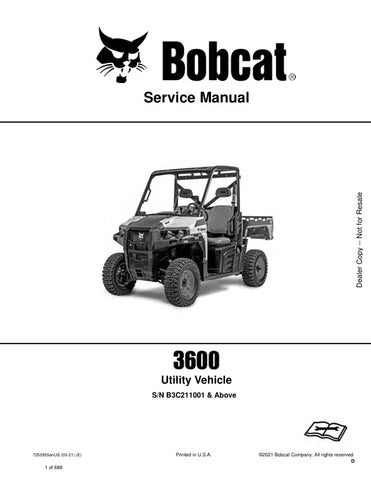 Ensure your BOBCAT 3600 Utility Vehicle operates at peak performance with the comprehensive Service Manual (7252955). This PDF file is an essential resource for maintenance and repair, providing detailed instructions, diagrams, and troubleshooting tips specifically designed for models B3C211001 and up. With this manual, you can confidently tackle any service task, prolonging the life of your vehicle and maximizing its efficiency. Don't miss out on the opportunity to keep your equipment in top shape download