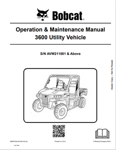 Discover the comprehensive BOBCAT 3600 Utility Vehicle Operation & Maintenance Manual (6990370) in PDF format. Essential for safe and efficient vehicle use.