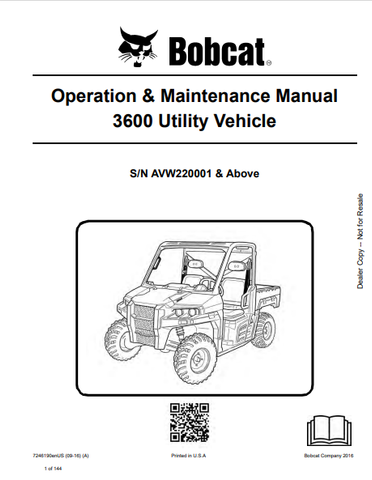Discover the comprehensive BOBCAT 3600 Utility Vehicle Operation & Maintenance Manual (7246190) in PDF format. Essential for safe and efficient vehicle use.