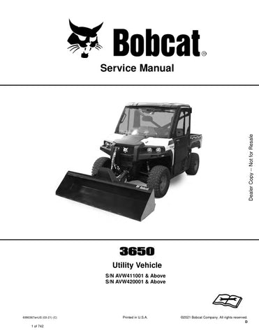Unlock the full potential of your BOBCAT 3650 Utility Vehicle with the comprehensive service manual (6990367) designed for models AVW411001, AVW420001, and up. This PDF file is an essential resource for maintenance and repair, providing detailed diagrams, troubleshooting tips, and step-by-step instructions to keep your vehicle running smoothly. Whether you're a seasoned technician or a DIY enthusiast, this manual ensures you have the knowledge and tools needed to tackle any service task with confidence. Don