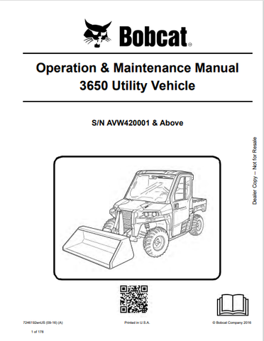 Discover the comprehensive BOBCAT 3650 Utility Vehicle Operation & Maintenance Manual (7246192) in PDF format. Essential for safe and efficient vehicle use.