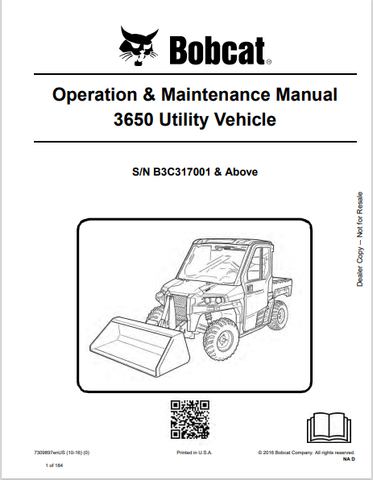  Discover the comprehensive BOBCAT 3650 Utility Vehicle Operation & Maintenance Manual (7309897) in PDF format. Essential for safe and efficient vehicle use.