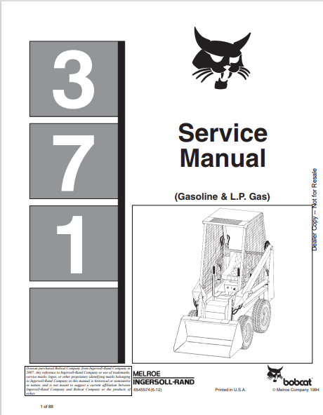 Discover the comprehensive BOBCAT 371 Gasoline & L.P. Gas Service Manual (6545574) in PDF format. Essential for maintenance and troubleshooting your equipment.