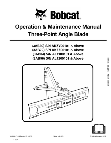  Discover the comprehensive operation and maintenance manual for BOBCAT 3AB60, 3AB72, 3AB84, and 3AB96 three-point angle blades. Download the PDF now.