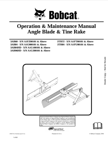 Discover the comprehensive operation and maintenance manual for BOBCAT angle blades and tine rakes. Download the PDF for models 3AB60, 3AB84, 3AB84HD, and more.