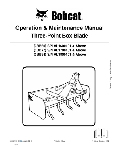  Discover the comprehensive operation and maintenance manual for BOBCAT 3BB60, 3BB72, and 3BB84 three-point box blades. Download the PDF for essential guidance.