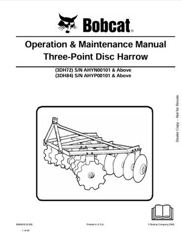 Discover the comprehensive operation and maintenance manual for the BOBCAT 3DH72 and 3DH84 three-point disc harrows. Download the PDF for essential guidance.