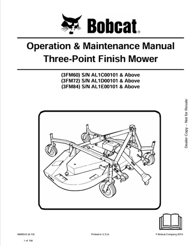 Discover the comprehensive operation and maintenance manual for BOBCAT 3FM60, 3FM72, and 3FM84 three-point finish mowers. Download the PDF now!