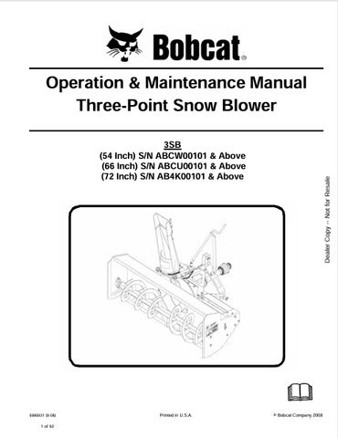  Access the BOBCAT 3SB snow blower operation and maintenance manual (6986931). Get your PDF guide for 54", 66", and 72" models for efficient snow removal.